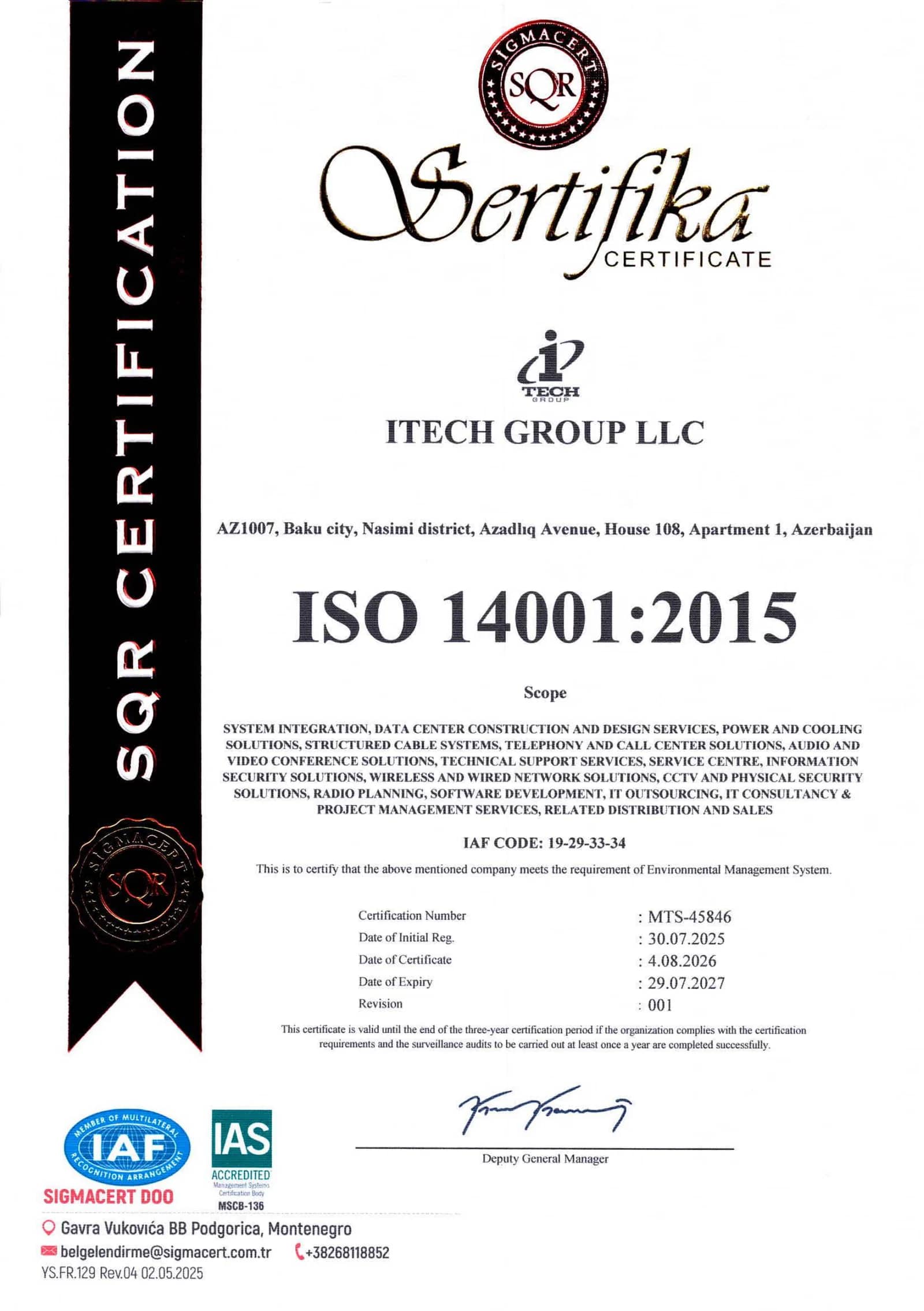 ISO 14001:2015 · Environmental Management System · MTS-45846 · valid until 29.07.2027