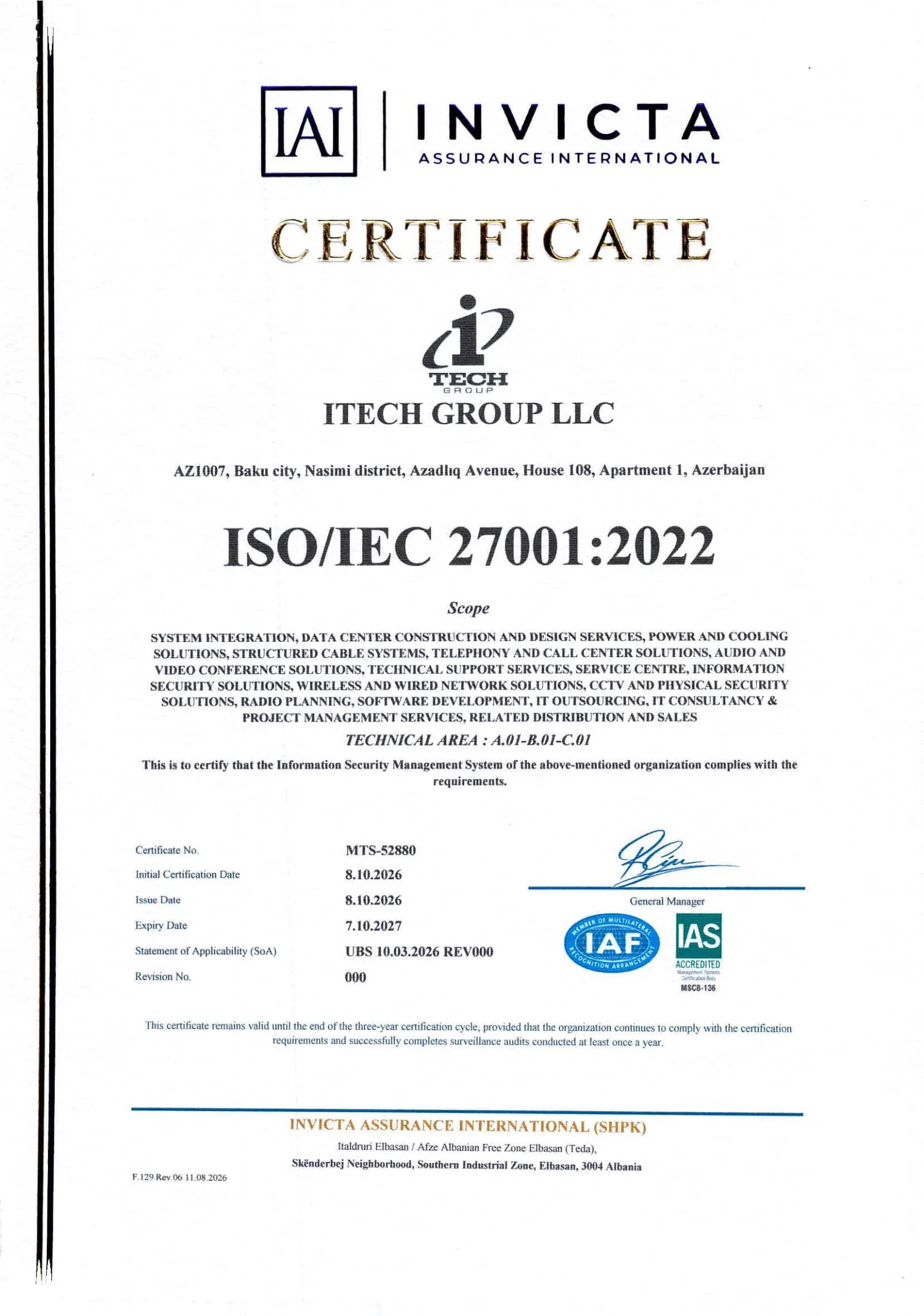 ISO/IEC 27001:2022 · Information Security Management System · MTS-52880 · valid until 07.10.2027