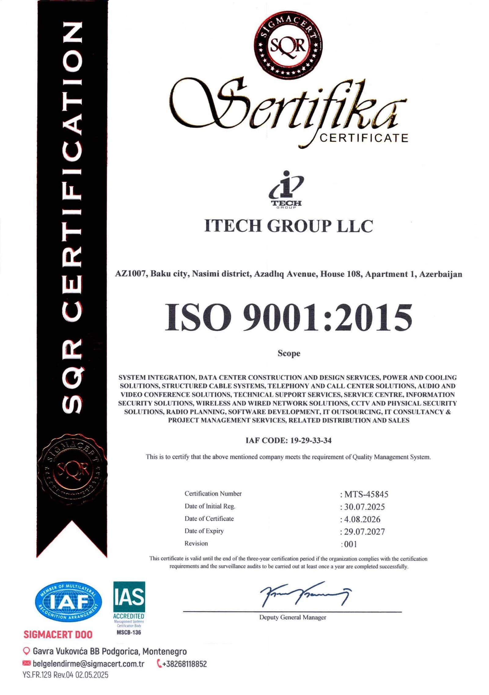 ISO 9001:2015 · Quality Management System · MTS-45845 · valid until 29.07.2027