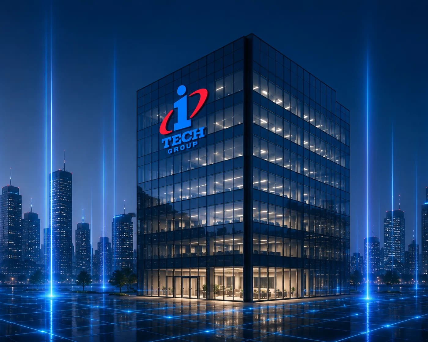 iTech Group office building against a digital city skyline